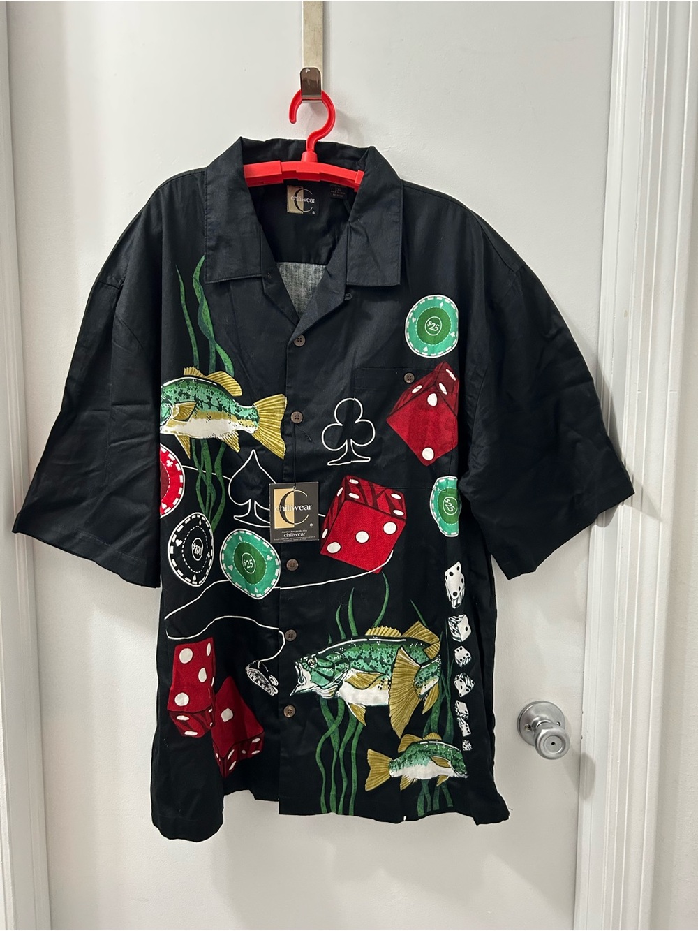 Black Printed Short-Sleeve Button-Up Shirt with Fish & Dice Motif